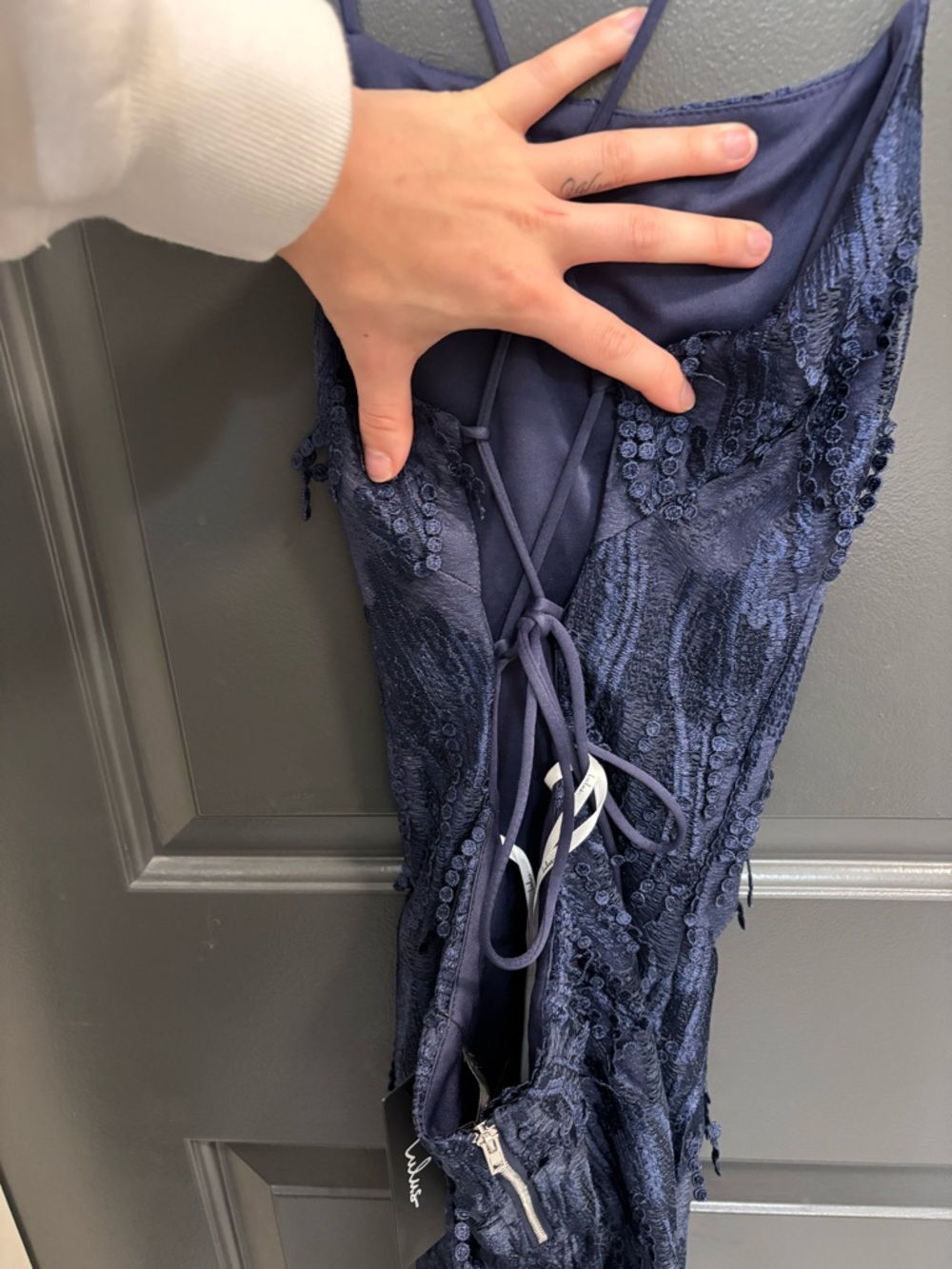 Lulu’s Making Magic Navy Blue Fringe Lace-Up Mini Dress - Picture 12 of 14